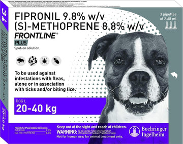 Boehringer Ingelheim: Frontline Plus Spot-On Flea & Tick Treatment for Large dogs (20 - 40 kgs) - 3 Pipettes